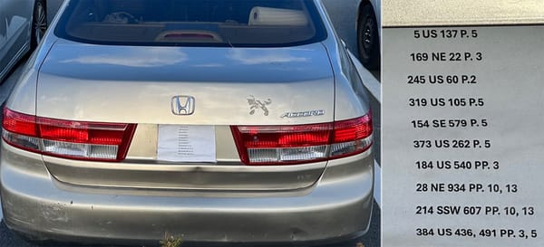 A sovereign citizen's car in the wild, well, at the South Bay Mall